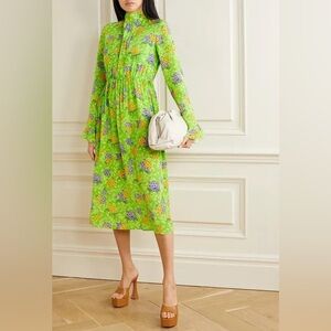 Les Rêveries Green Floral Silk Tie-Back Midi Dress Size 8